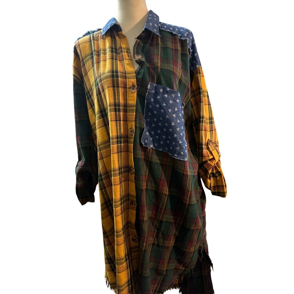 Patchwork Plaid Button Front Shirt lMixed Print D… - image 1